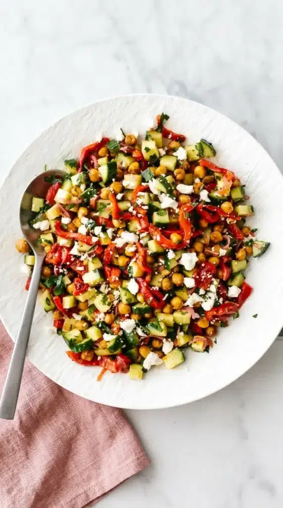 Healthy roasted red pepper and chickpea salad with cucumber, feta, parsley, and pickled onion