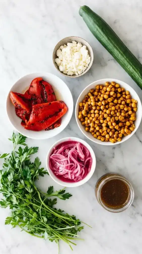 Healthy Roasted Red Pepper and Chickpea Salad : Vibrant 7 Healthy Roasted Red Pepper and Chickpea Salad ingredients with cucumber, peppers, chickpeas, and herbs