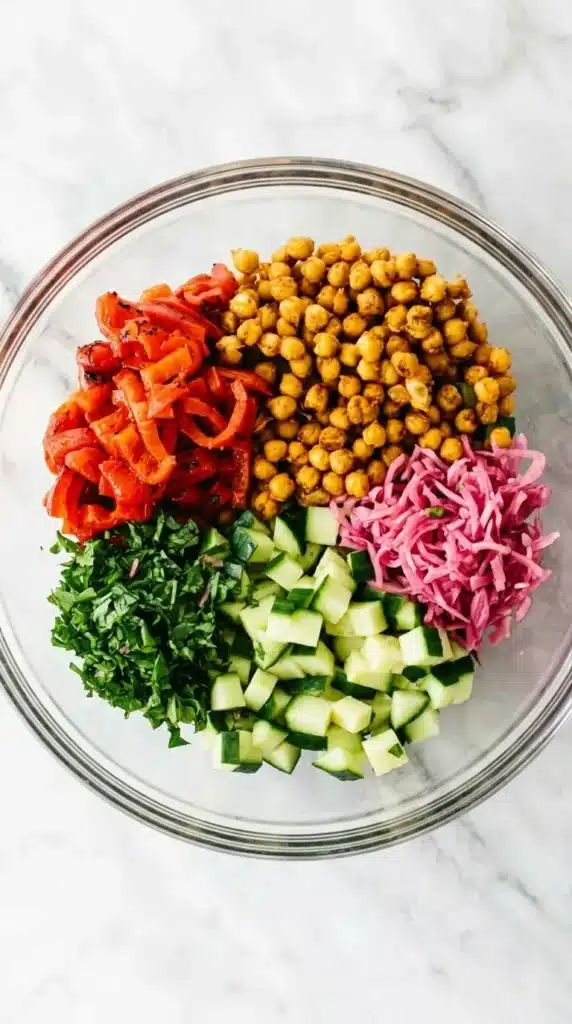 Healthy Roasted Red Pepper and Chickpea Salad : Vibrant 8 Healthy Roasted Red Pepper and Chickpea Salad ingredients ready for tossing