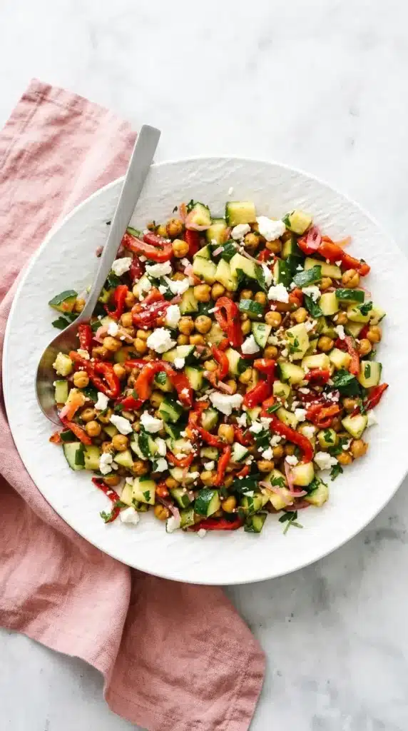 Healthy Roasted Red Pepper and Chickpea Salad : Vibrant 10 Healthy Roasted Red Pepper and Chickpea Salad topped with crumbled feta