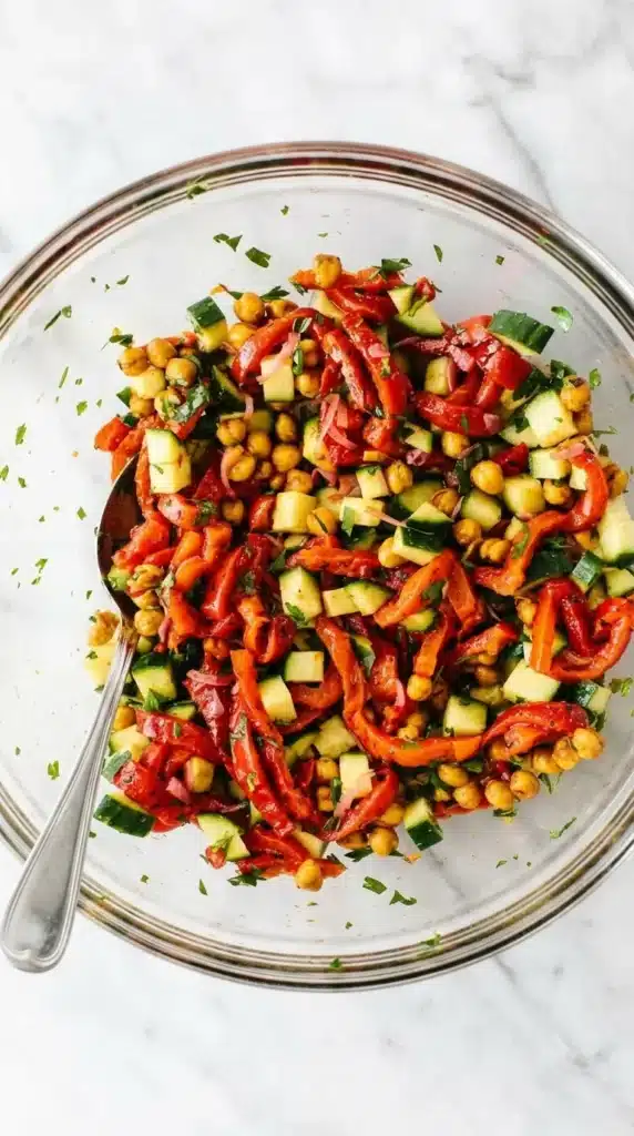 Healthy Roasted Red Pepper and Chickpea Salad : Vibrant 9 Healthy Roasted Red Pepper and Chickpea Salad tossed with balsamic vinaigrette