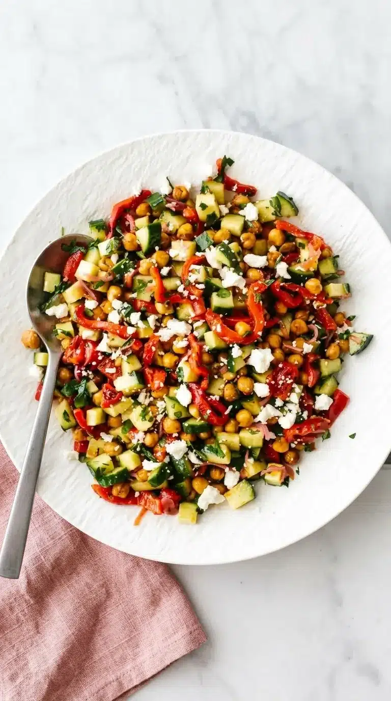 Healthy roasted red pepper and chickpea salad with cucumber, feta, parsley, and pickled onion