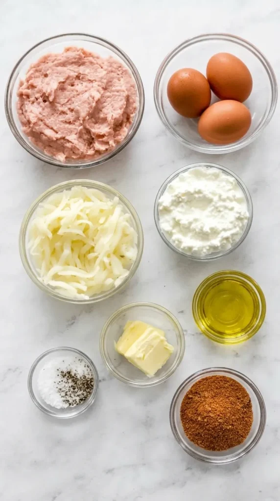 High Protein Breakfast Bowl ingredients with turkey, eggs, potatoes, cottage cheese and seasonings