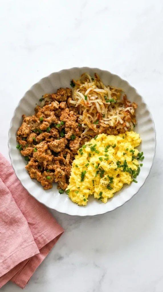 High Protein Breakfast Bowl with fluffy eggs, ground turkey and crispy shredded potatoes