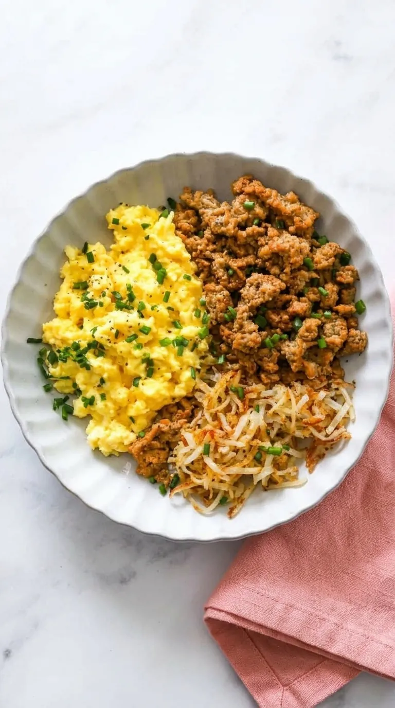 High Protein Breakfast Bowl with turkey, fluffy eggs, crispy potatoes, and fresh chives