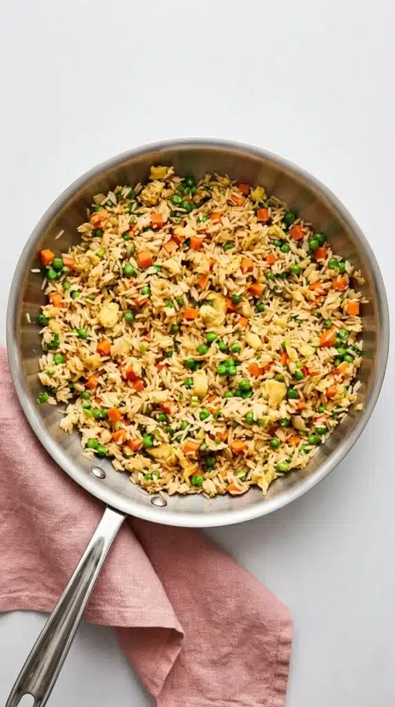 Finished Fried Rice in a wok with fluffy rice, eggs, peas, carrots, and green onions.
