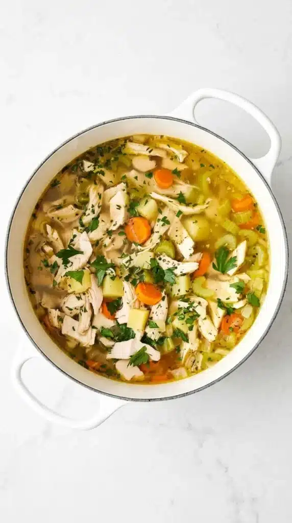 Turkey Soup with shredded turkey, potatoes, carrots, celery, parsley, and golden broth