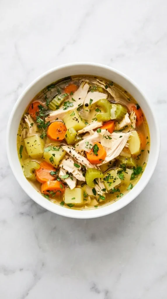 Homemade Turkey Soup with shredded turkey, potatoes, carrots, celery, and fresh parsley