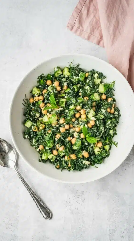 Kale chickpea salad with lemon tahini dressing, cucumber, feta, mint, and dill