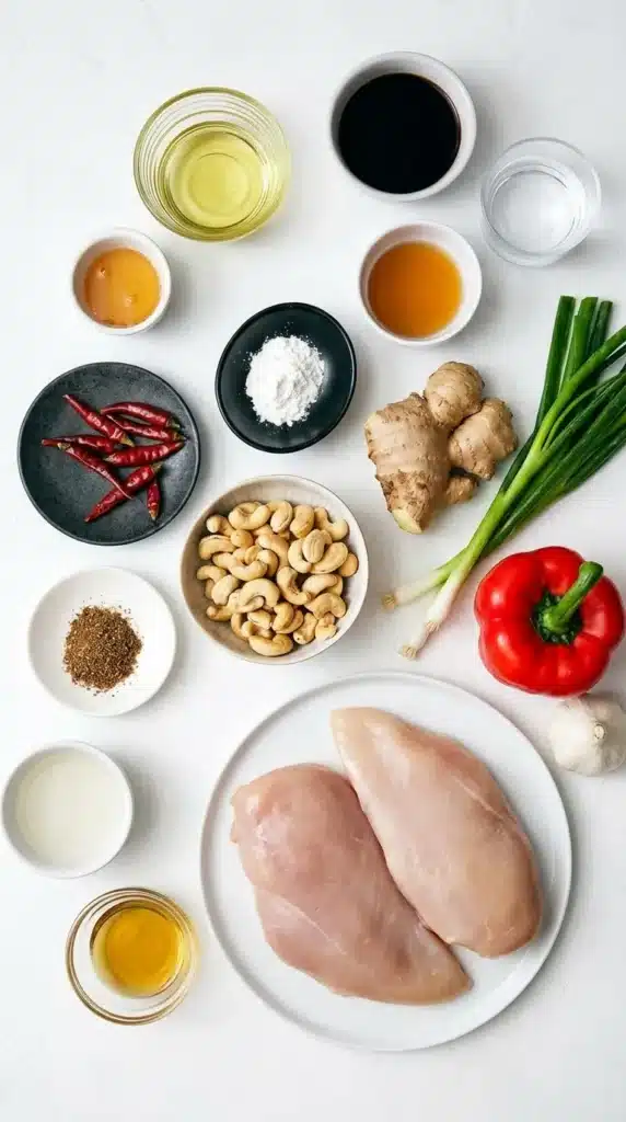 Kung Pao Chicken : Amazing Easy 30-Minute Recipe 6 Kung Pao Chicken ingredients with chicken, cashews, chilies, bell pepper, ginger, garlic, and sauces
