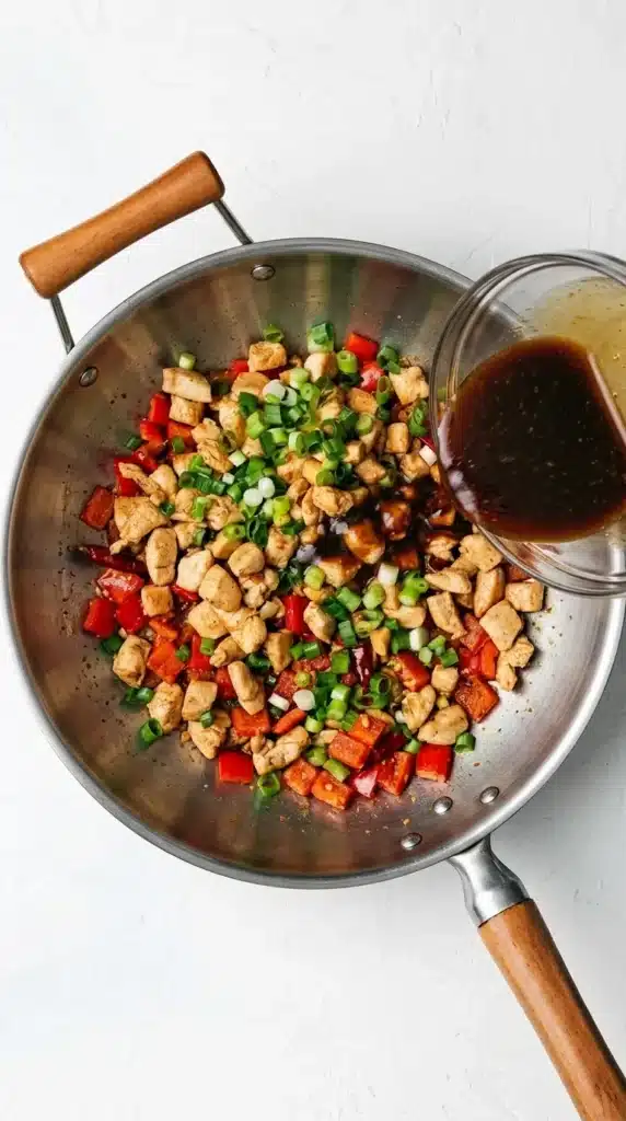 Kung Pao Chicken : Amazing Easy 30-Minute Recipe 7 Kung Pao Chicken cooking in a wok with red peppers, green onions, dried chilies, and glossy sauce