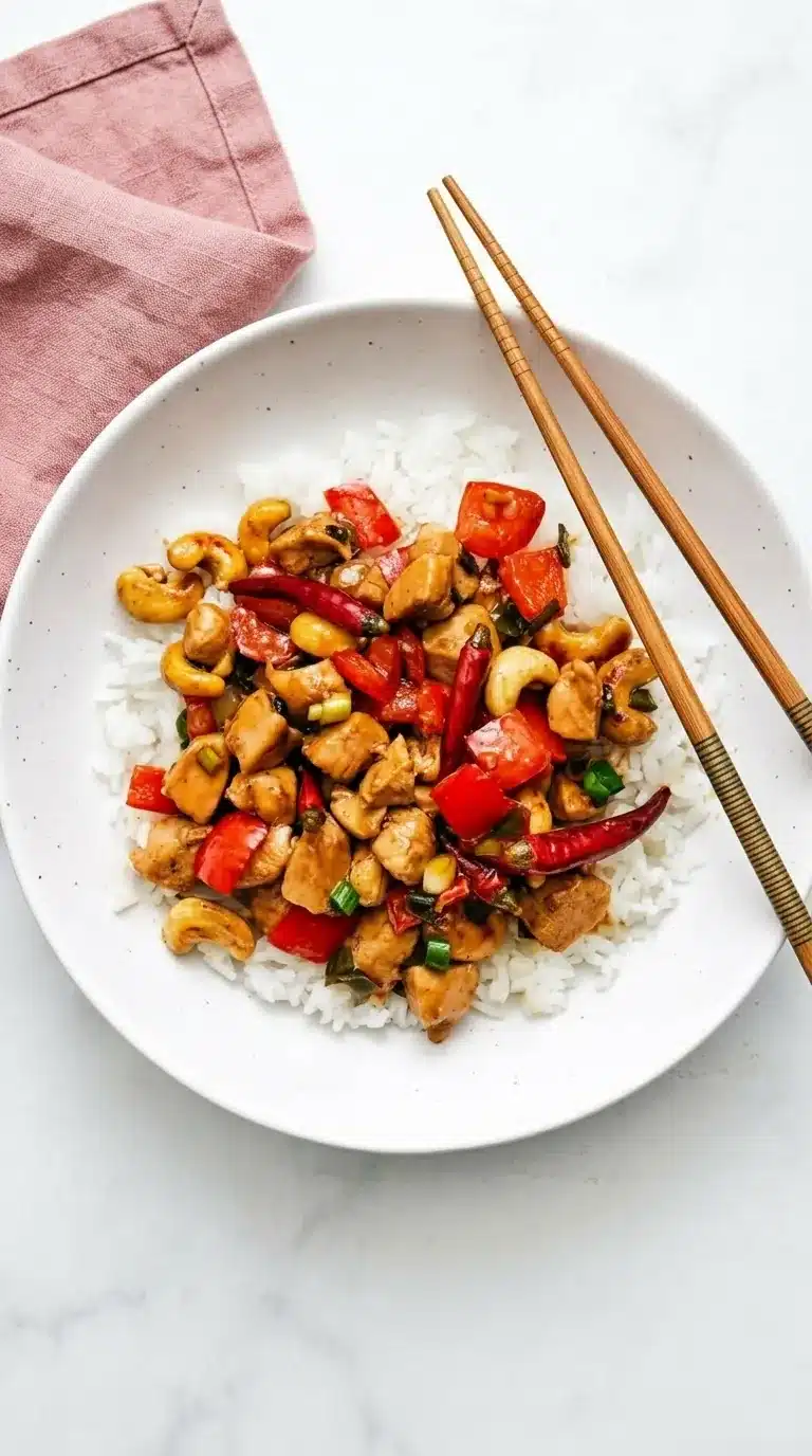 Kung Pao Chicken with cashews, red peppers, dried chilies, green onions, and fluffy white rice