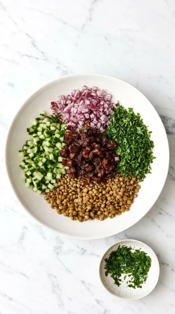 Lentil Salad with lentils, cucumber, red onion, dates, and parsley before mixing