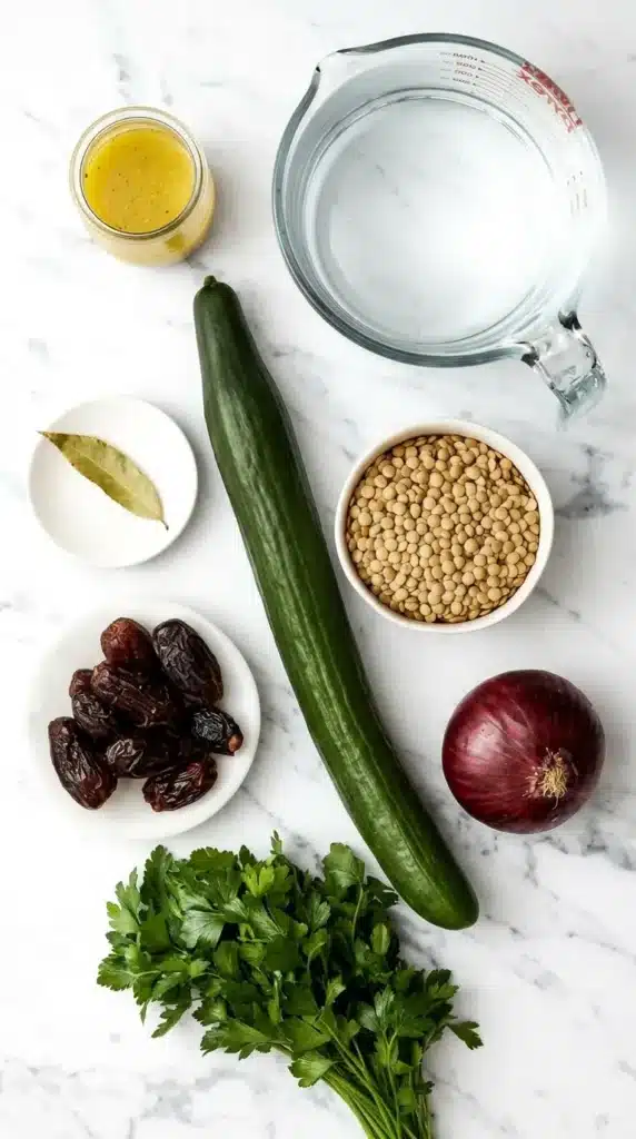 Lentil Salad ingredients with lentils, cucumber, dates, red onion, parsley, and lemon vinaigrette