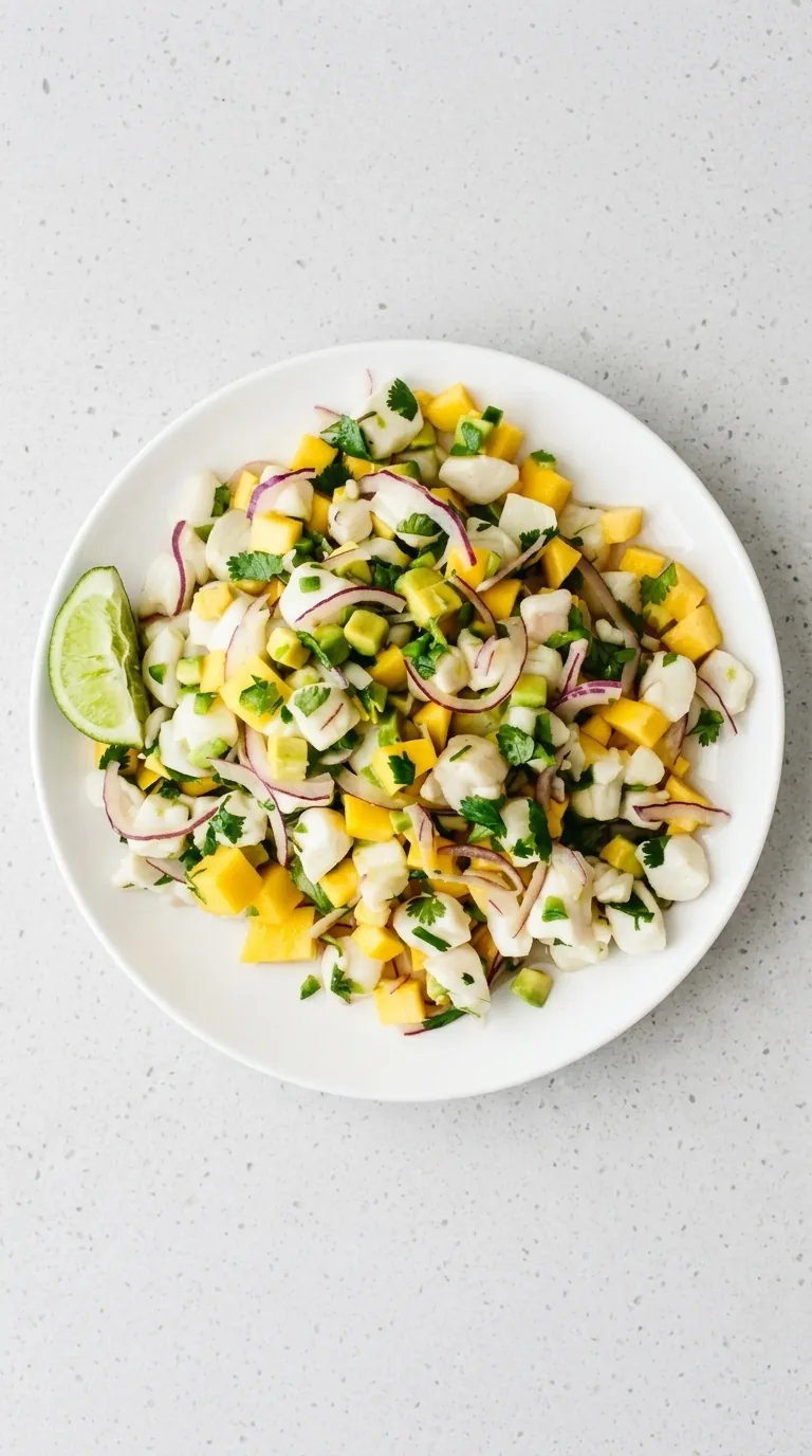 Mango Halibut Ceviche with fresh mango, avocado, red onion, cilantro, jalapeño, and lime