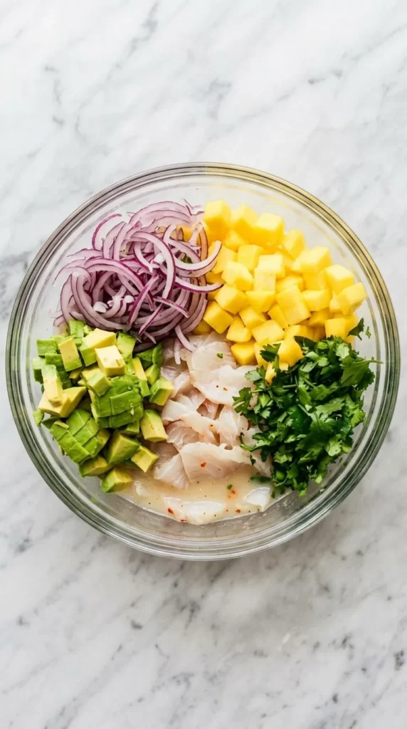 Mango Halibut Ceviche : Fresh, Easy, and Ready in 40 Minutes 8 Mango Halibut Ceviche with diced mango, avocado, halibut, red onion, jalapeño, and cilantro