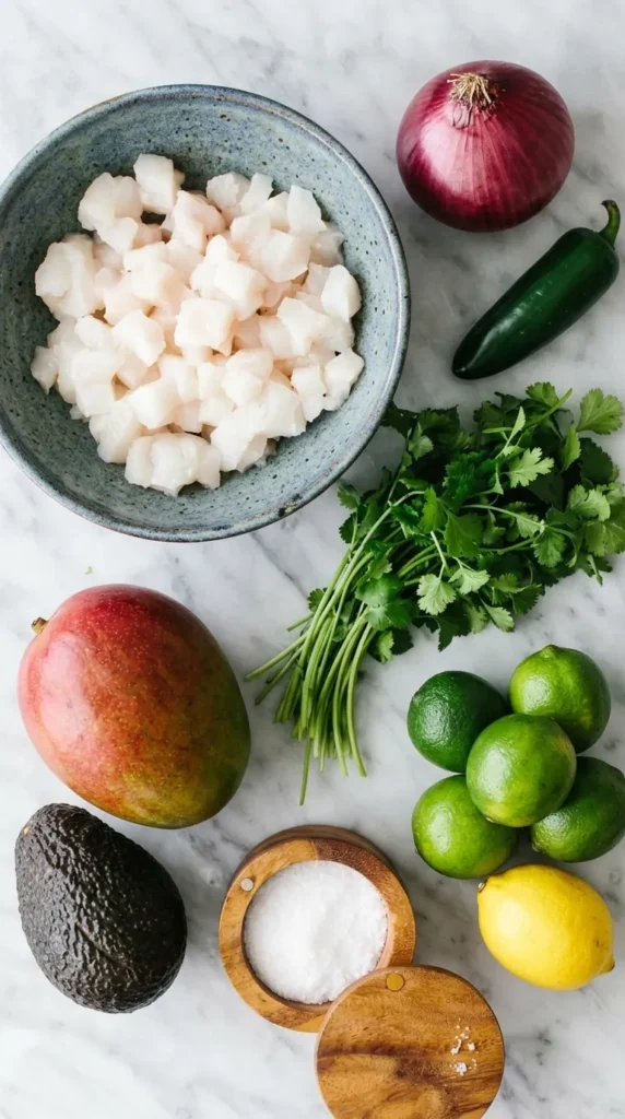 Mango Halibut Ceviche : Fresh, Easy, and Ready in 40 Minutes 7 Mango Halibut Ceviche ingredients with halibut, mango, avocado, citrus, cilantro, onion, and jalapeño