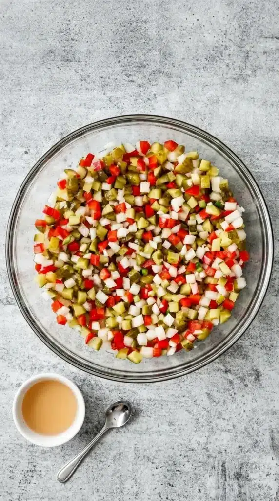 Easy Pickle de Gallo Recipe With Crisp Dill Pickles 9 Mixed Easy Pickle de Gallo with dill pickles, red pepper, onion, and serrano