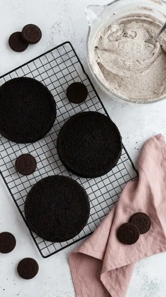 Oreo Layer Cake Recipe with dark cake layers and cookies and cream buttercream