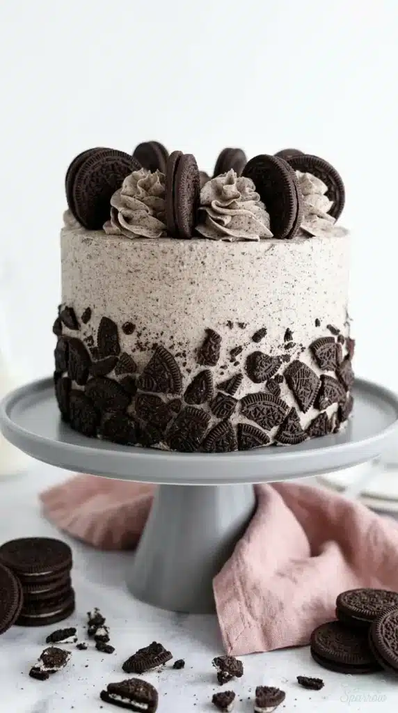 Oreo Layer Cake Recipe with cookies and cream buttercream and chocolate cookie pieces