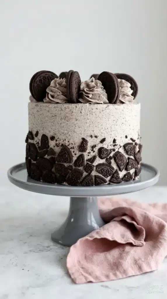Oreo Layer Cake Recipe decorated with cookies and cream buttercream and crushed Oreos