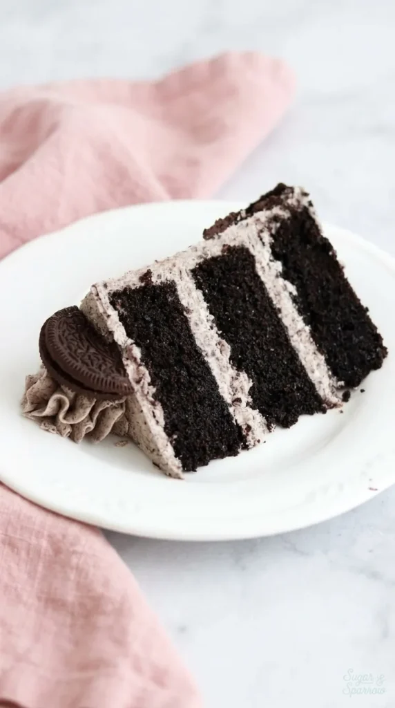 Oreo Layer Cake Recipe slice with moist chocolate layers and cookies and cream frosting