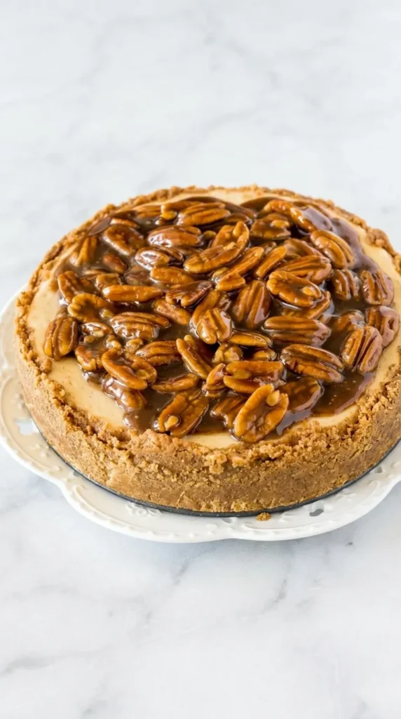 Pecan Pie Cheesecake with creamy filling, graham crust, and glossy caramel pecan topping