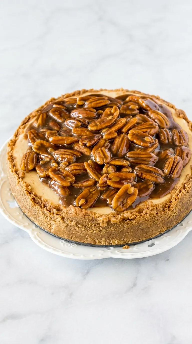 Pecan Pie Cheesecake with creamy filling, graham crust, and glossy caramel pecan topping