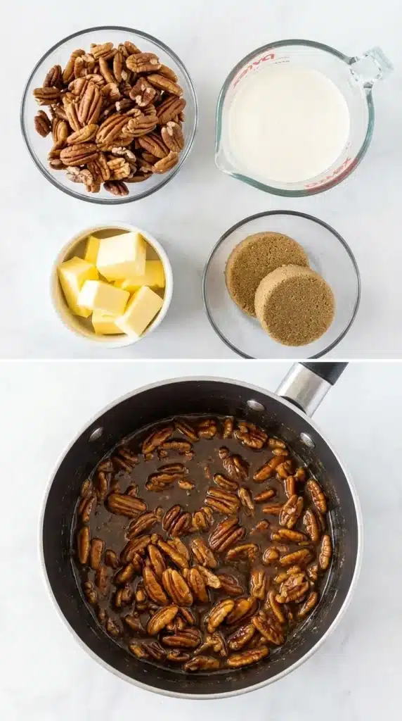 Pecan Pie Cheesecake topping ingredients and pecans cooking in caramel sauce