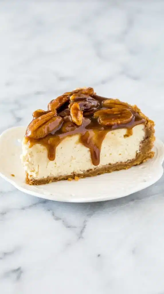 Pecan Pie Cheesecake slice with creamy filling and gooey caramel pecan topping