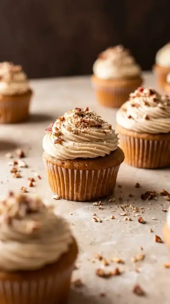 Pecan Pie Cupcakes with brown sugar buttercream and chopped pecans for Thanksgiving