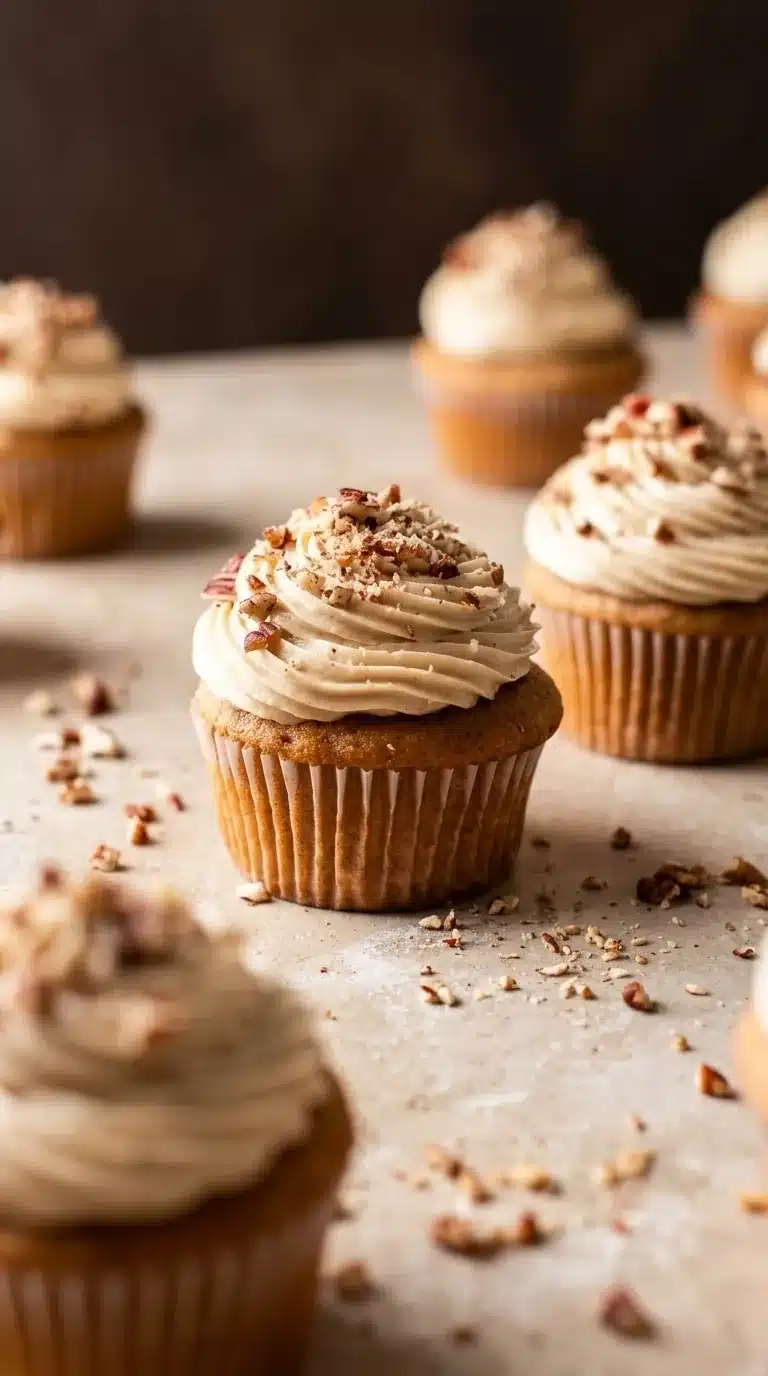 Pecan Pie Cupcakes with brown sugar buttercream and chopped pecans for Thanksgiving