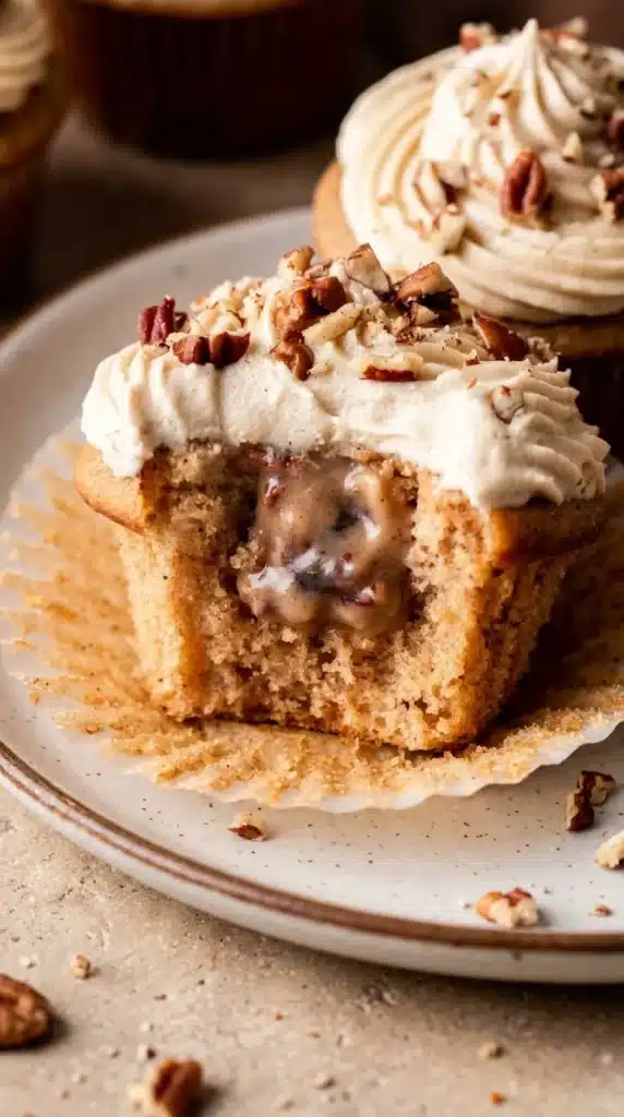 Pecan Pie Cupcakes With Brown Sugar Buttercream 5 Pecan Pie Cupcakes cut open to show creamy pecan filling and brown sugar buttercream