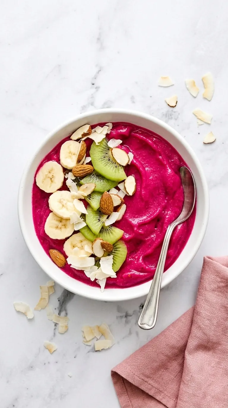 Pitaya smoothie bowl with banana, kiwi, almonds, and coconut flakes