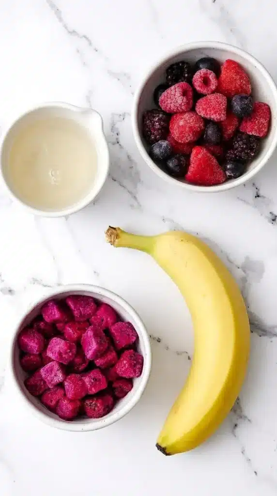 Pitaya Smoothie Bowl: Thick and Creamy 5-Minute Breakfast 5 Pitaya smoothie bowl ingredients with frozen dragon fruit, banana, berries, and coconut water