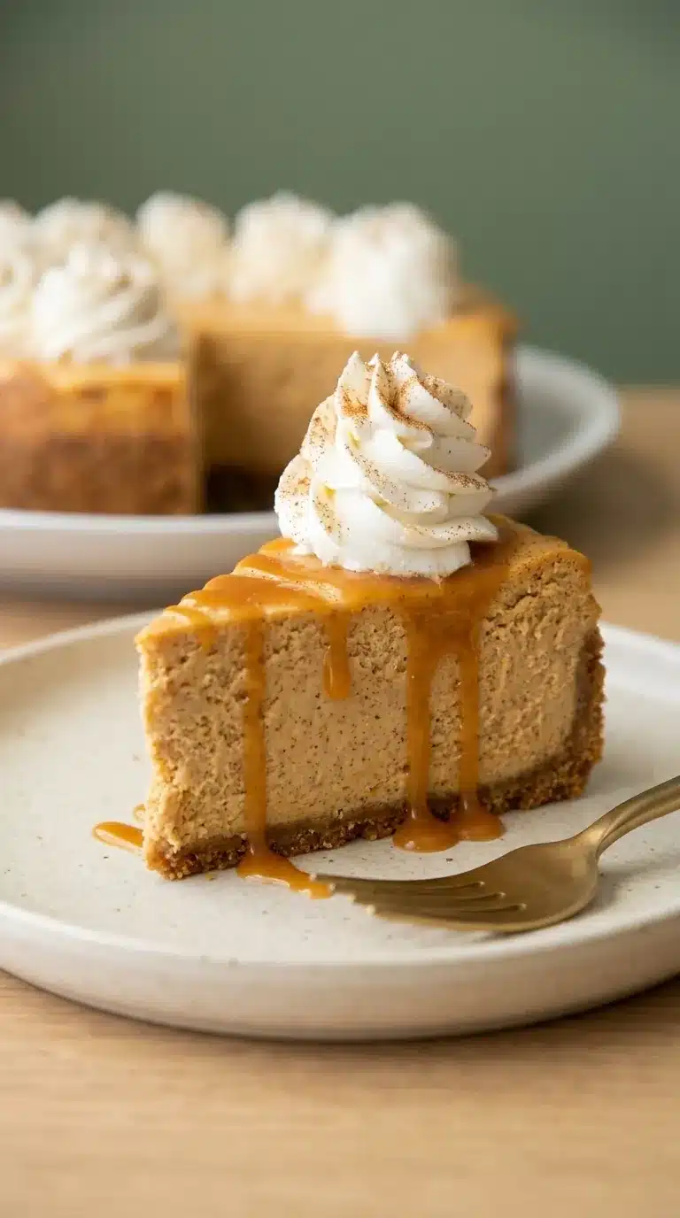 Pumpkin Cheesecake slice with whipped cream, caramel sauce, cinnamon, and graham cracker crust