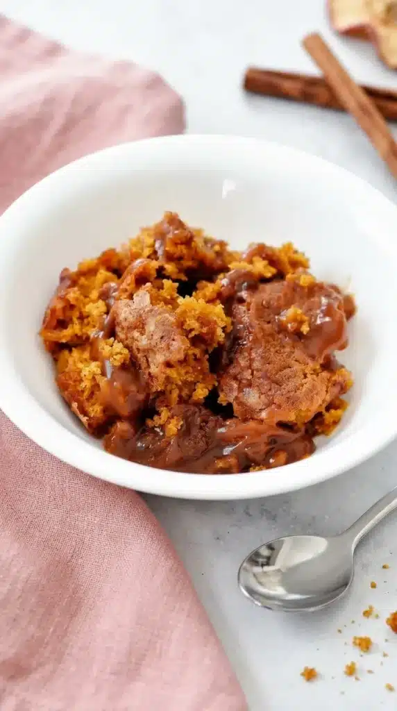 Pumpkin Cobbler Recipe : Easy Cozy Thanksgiving Dessert 5 Pumpkin Cobbler with soft spiced cake and glossy caramel sauce in a serving bowl