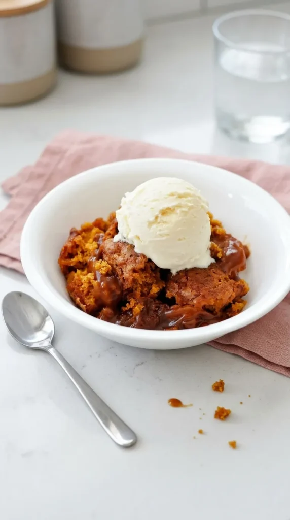 Pumpkin Cobbler Recipe : Easy Cozy Thanksgiving Dessert 6 Pumpkin Cobbler with gooey caramel sauce and a scoop of vanilla ice cream