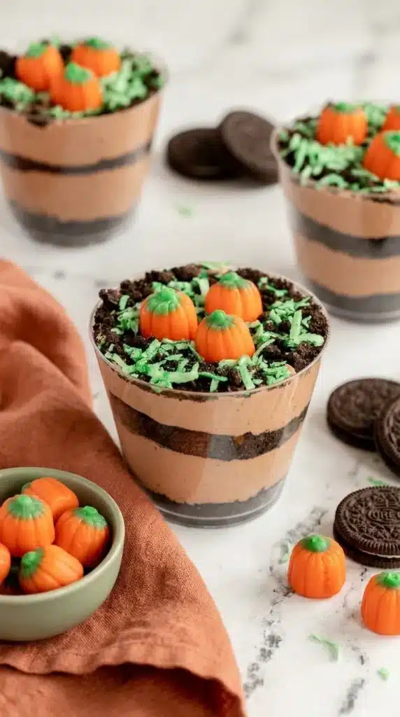 Pumpkin Dirt Cups Recipe : Amazing Easy Thanksgiving Treat 8 Pumpkin Dirt Cups with chocolate pudding, Oreo crumbs, coconut grass, and candy pumpkins