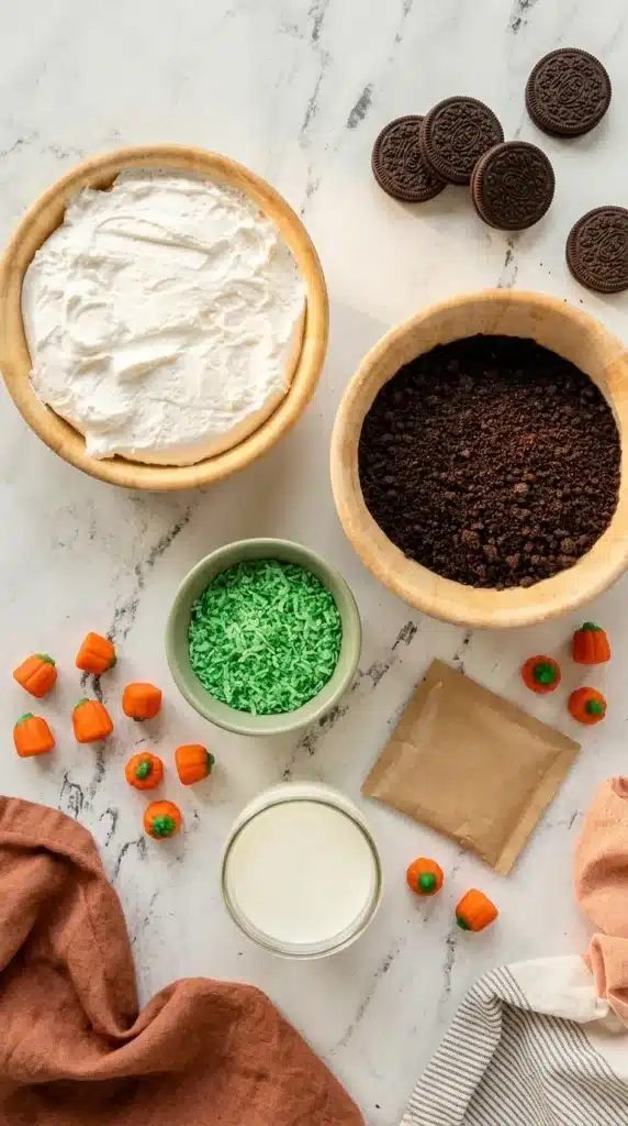 Pumpkin Dirt Cups Recipe : Amazing Easy Thanksgiving Treat 6 Pumpkin Dirt Cups ingredients with Oreo crumbs, pudding, milk, coconut, and candy pumpkins