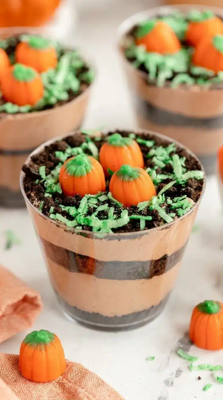 Pumpkin Dirt Cups with chocolate pudding, Oreo crumbs, green coconut, and candy pumpkins