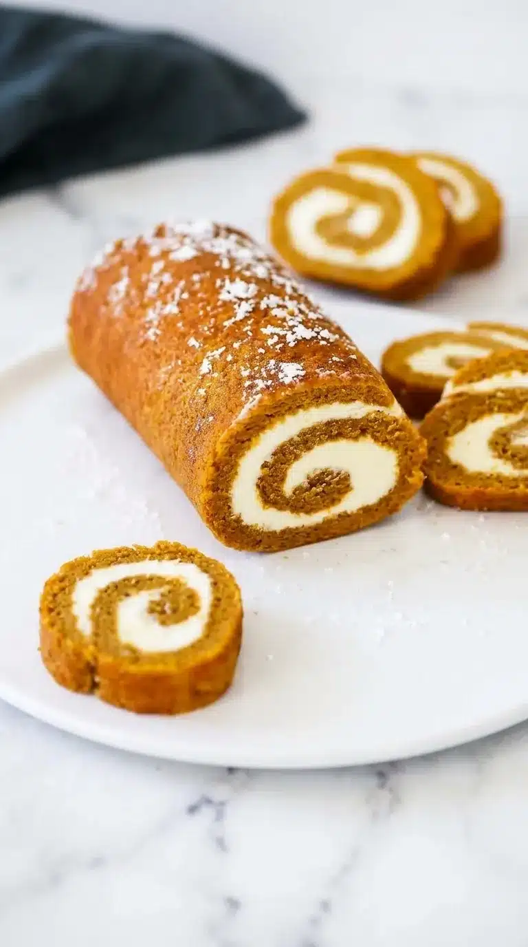 Pumpkin Rolls with soft spiced pumpkin cake and creamy cream cheese filling