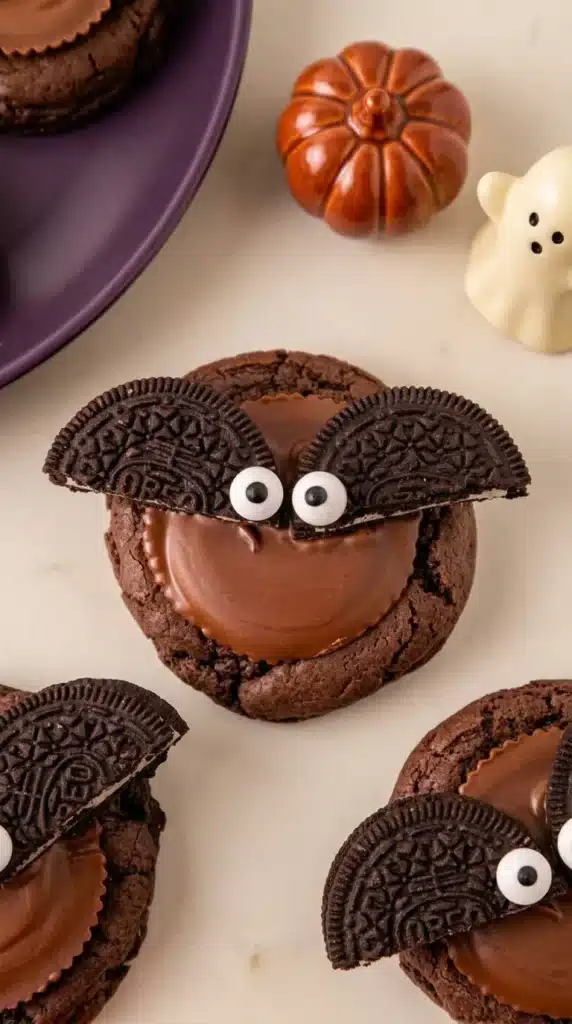 Reese’s Oreo Bat Cookies with fudgy chocolate base, Reese’s center, Oreo wings, and candy eyes