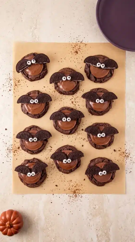 Reese’s Oreo Bat Cookies with peanut butter cup centers, Oreo wings, and candy eyes