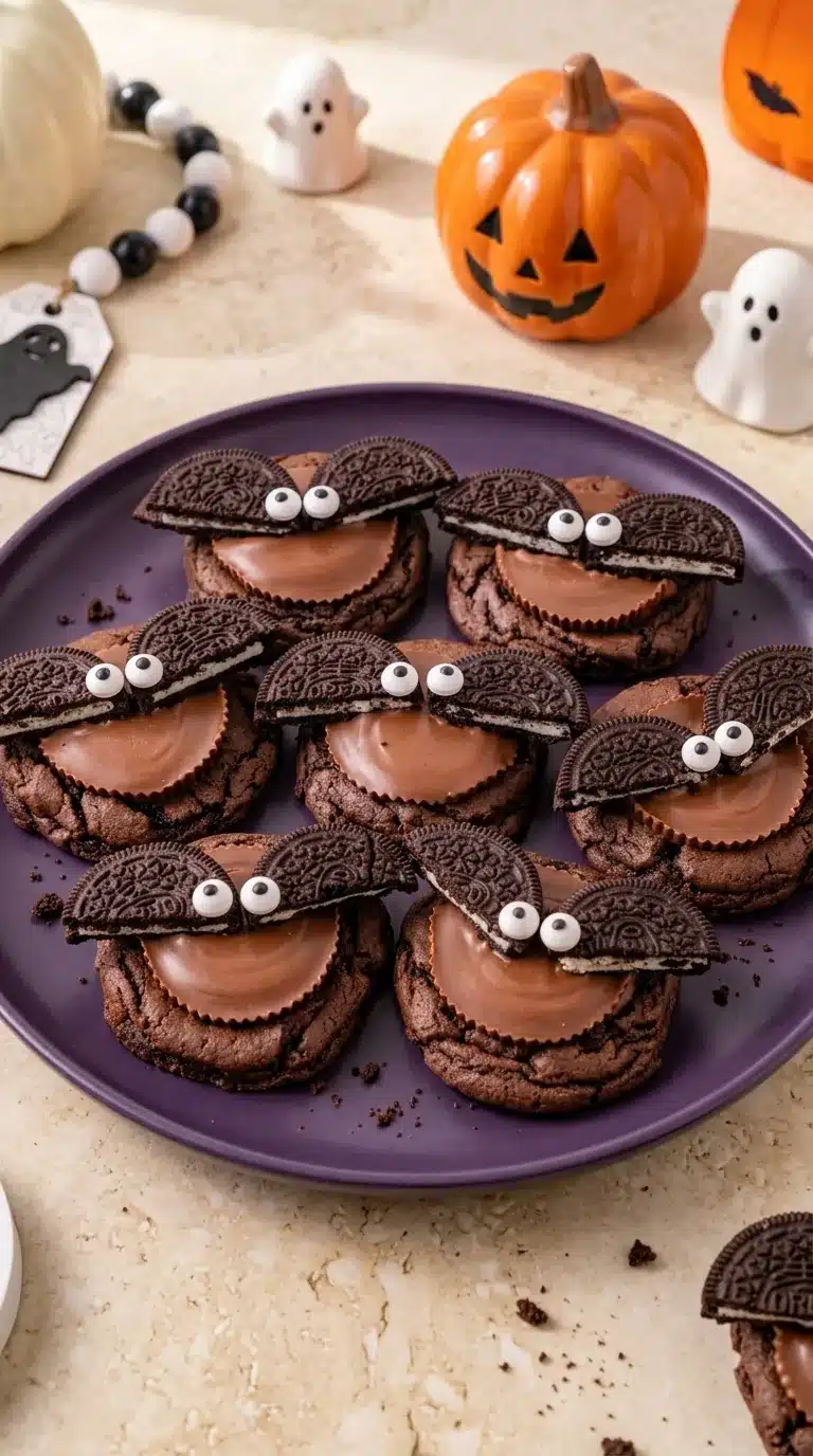 Reese’s Oreo Bat Cookies with chocolate cookies, peanut butter cups, Oreo wings, and candy eyes