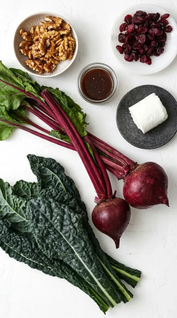 Roasted Beet and Kale Salad for a Fresh, Satisfying Lunch 6 Roasted Beet and Kale Salad ingredients with beets, kale, goat cheese, walnuts and cranberries