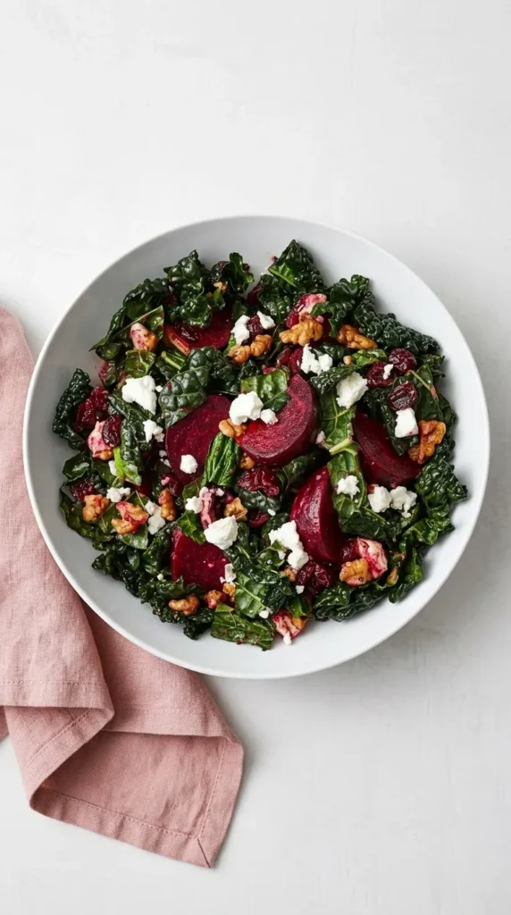 Roasted Beet and Kale Salad for a Fresh, Satisfying Lunch 8 Roasted Beet and Kale Salad with goat cheese, walnuts, cranberries, and balsamic dressing