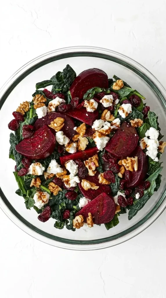 Roasted Beet and Kale Salad for a Fresh, Satisfying Lunch 7 Balsamic vinaigrette poured over Roasted Beet and Kale Salad with goat cheese and walnuts