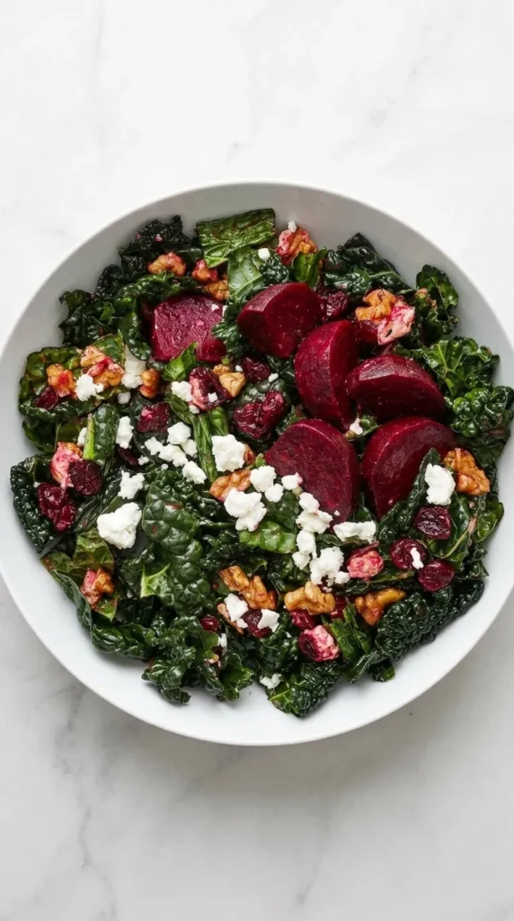 Roasted Beet and Kale Salad with goat cheese, walnuts, cranberries, and balsamic vinaigrette