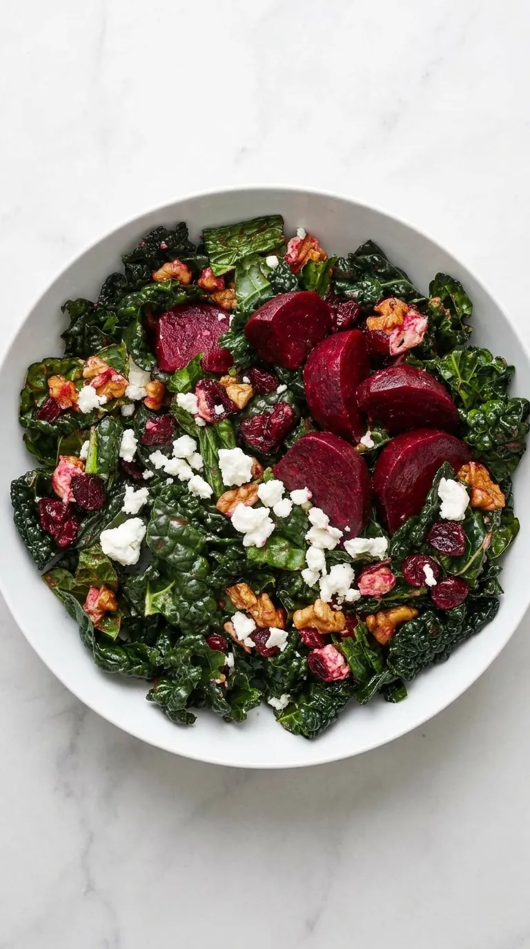 Roasted Beet and Kale Salad with goat cheese, walnuts, cranberries, and balsamic vinaigrette